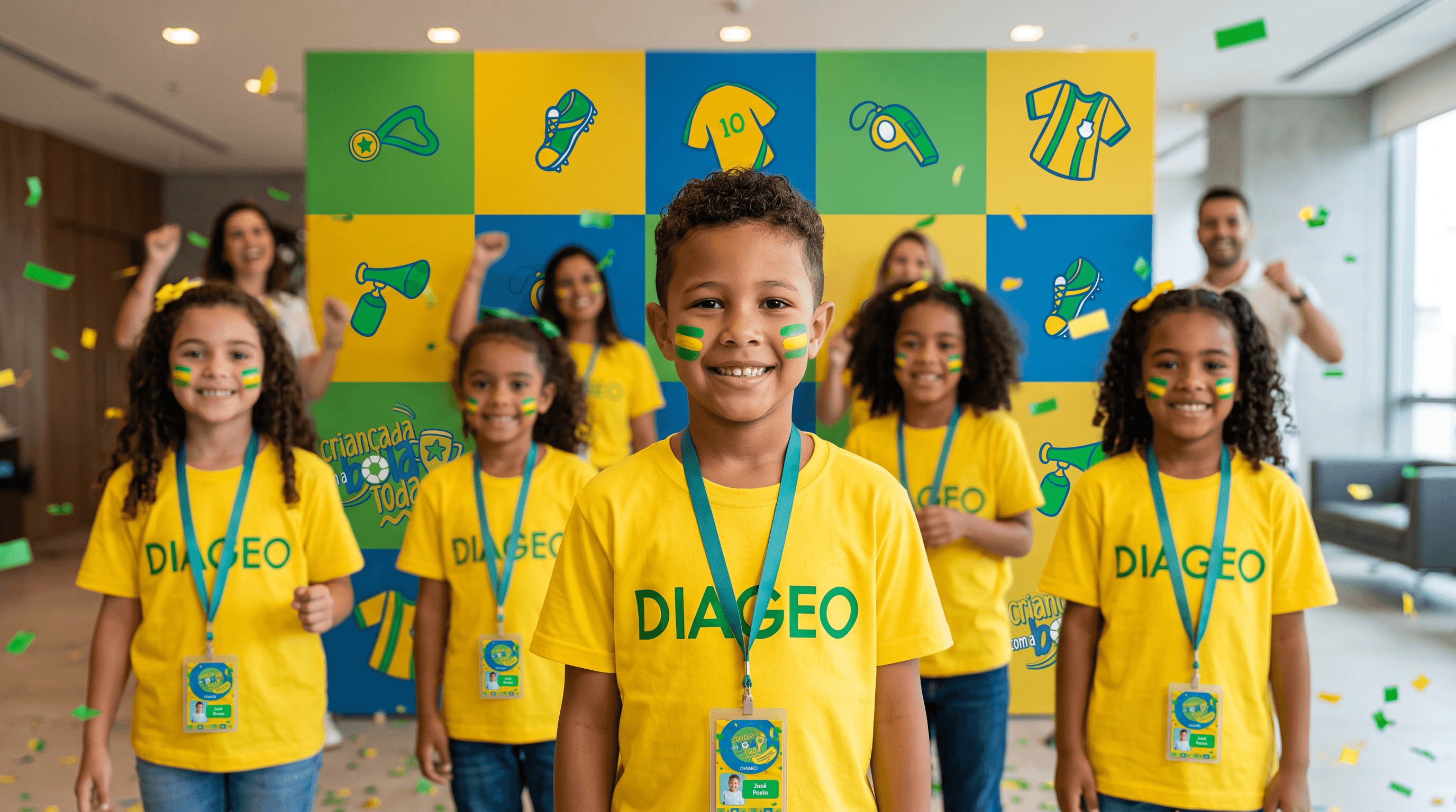 Key visual da ação de Dia das Crianças da Diageo, com cores da seleção brasileira e pattern de ícones de futebol